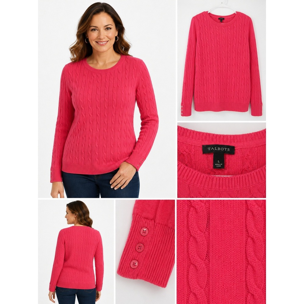 Talbots Sweater Womens Large Pink Cable Knit Lambswool Blend‎ Button Cuff Preppy